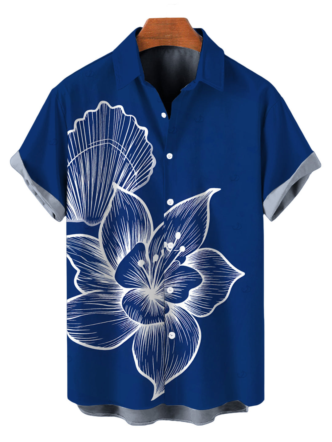 Men's White Line Art Large Floral Print Button Up Vacation Shirt