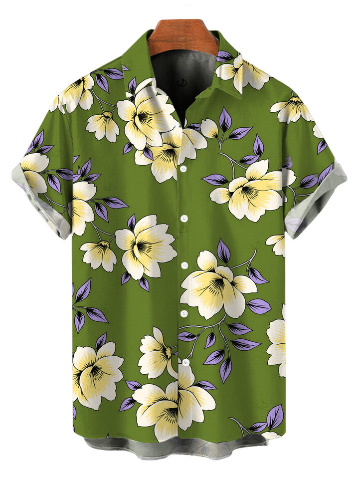 Men's Plumeria Floral Leaf Print Button Up Vacation Shirt