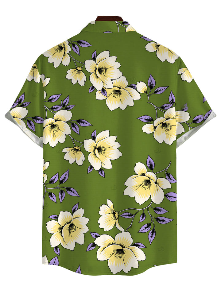 Men's Plumeria Floral Leaf Print Button Up Vacation Shirt