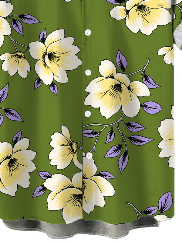 Men's Plumeria Floral Leaf Print Button Up Vacation Shirt