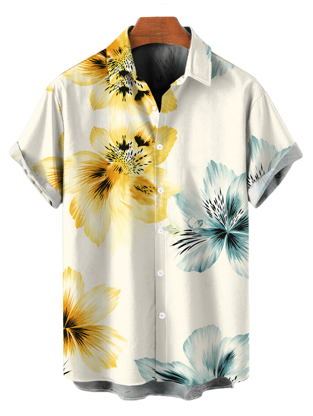 Men's Watercolor Bicolor Hibiscus Floral Print Button Up Vacation Shirt