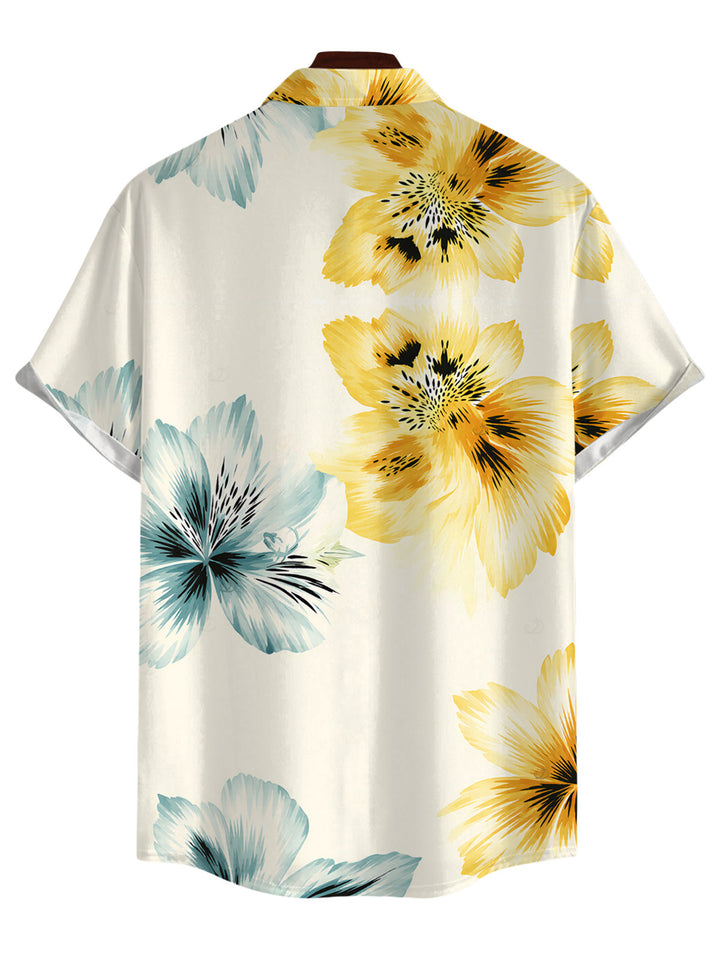 Men's Watercolor Bicolor Hibiscus Floral Print Button Up Vacation Shirt