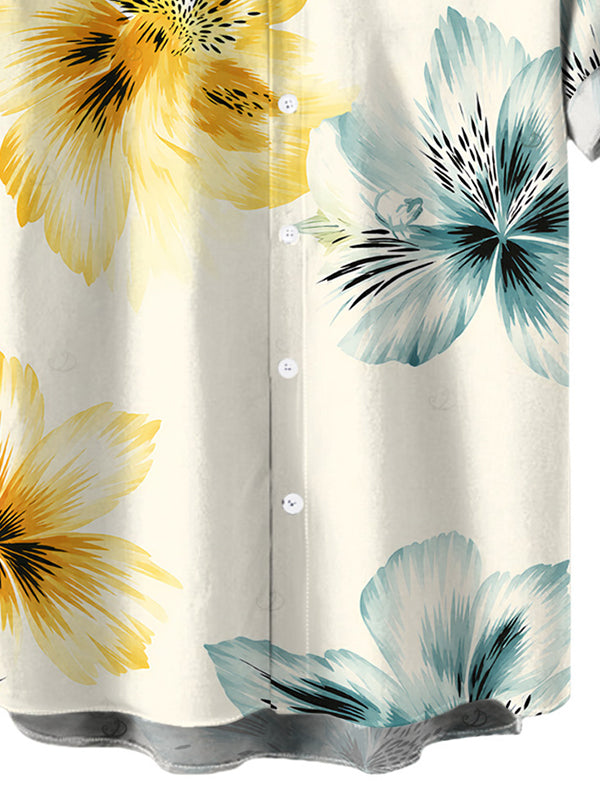 Men's Watercolor Bicolor Hibiscus Floral Print Button Up Vacation Shirt