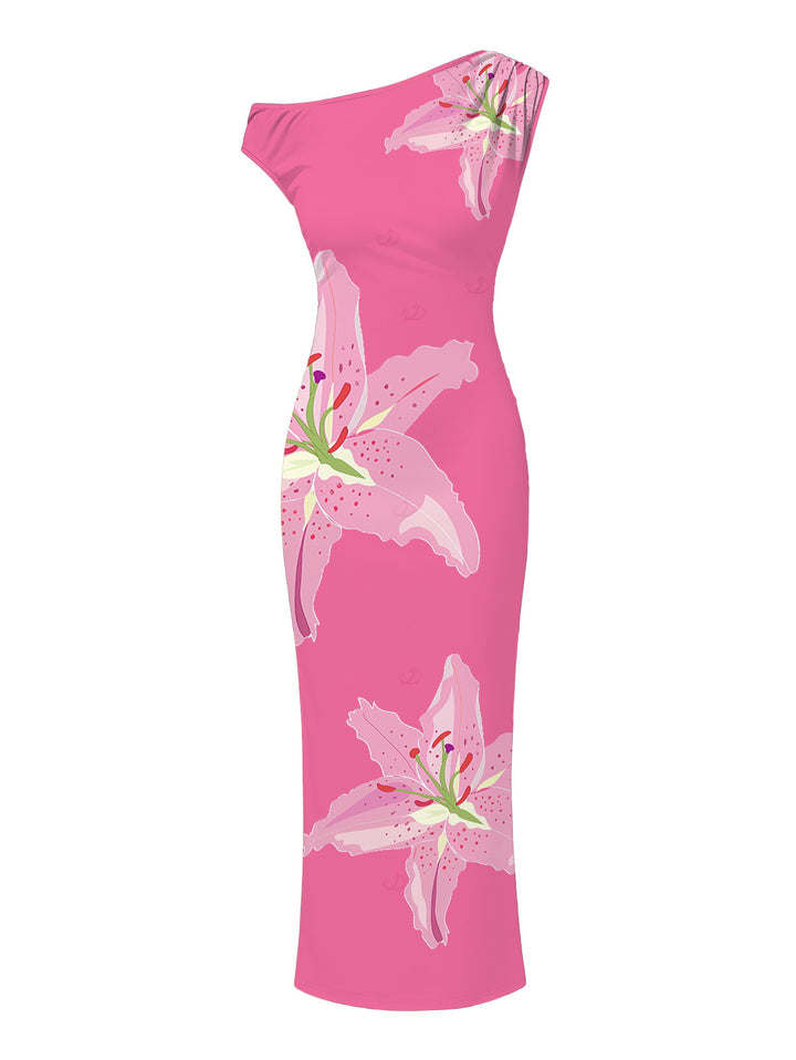 Watercolor Lily Floral Print Ruched One Shoulder Bodycon Maxi Vacation Dress