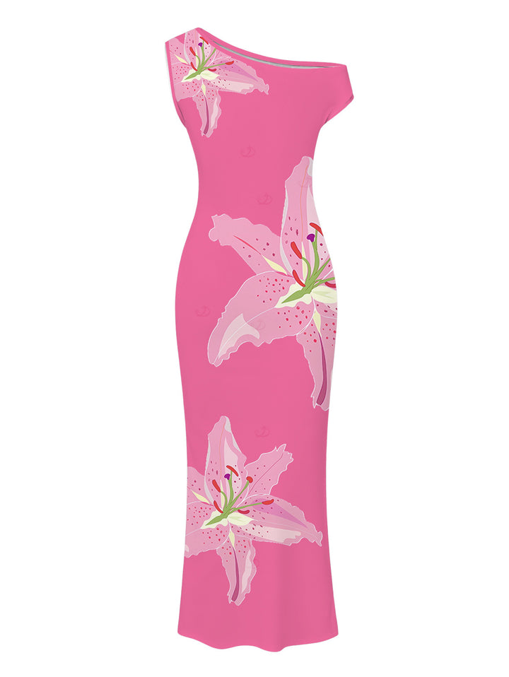 Watercolor Lily Floral Print Ruched One Shoulder Bodycon Maxi Vacation Dress