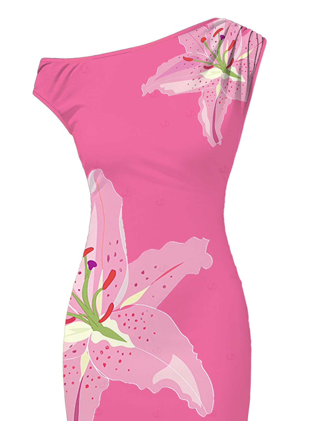 Watercolor Lily Floral Print Ruched One Shoulder Bodycon Maxi Vacation Dress