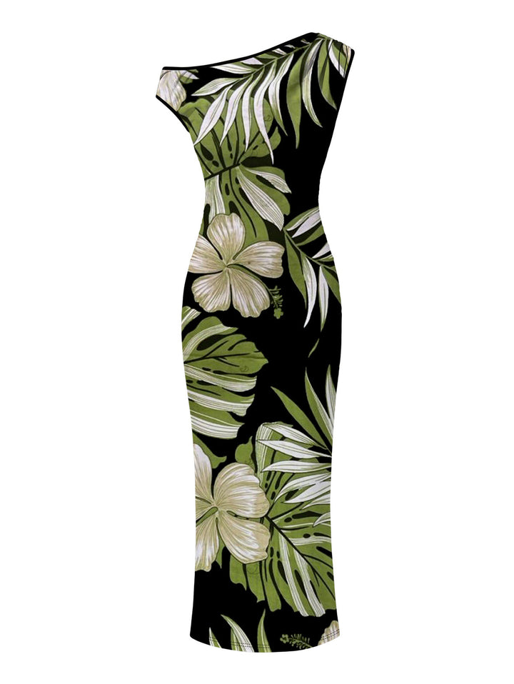 Tropical Floral Banana Leaf Print Ruched One Shoulder Bodycon Vintage Hawaiian Dress