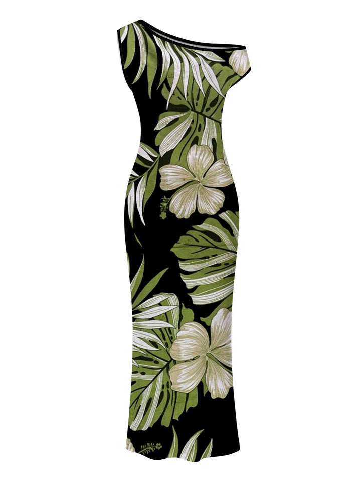 Tropical Floral Banana Leaf Print Ruched One Shoulder Bodycon Vintage Hawaiian Dress