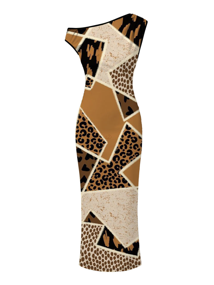 Patchwork Leopard Spot Collage Print Ruched One Shoulder Bodycon Maxi Vintage Dress