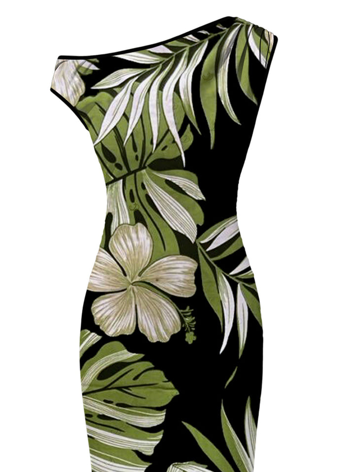 Tropical Floral Banana Leaf Print Ruched One Shoulder Bodycon Vintage Hawaiian Dress