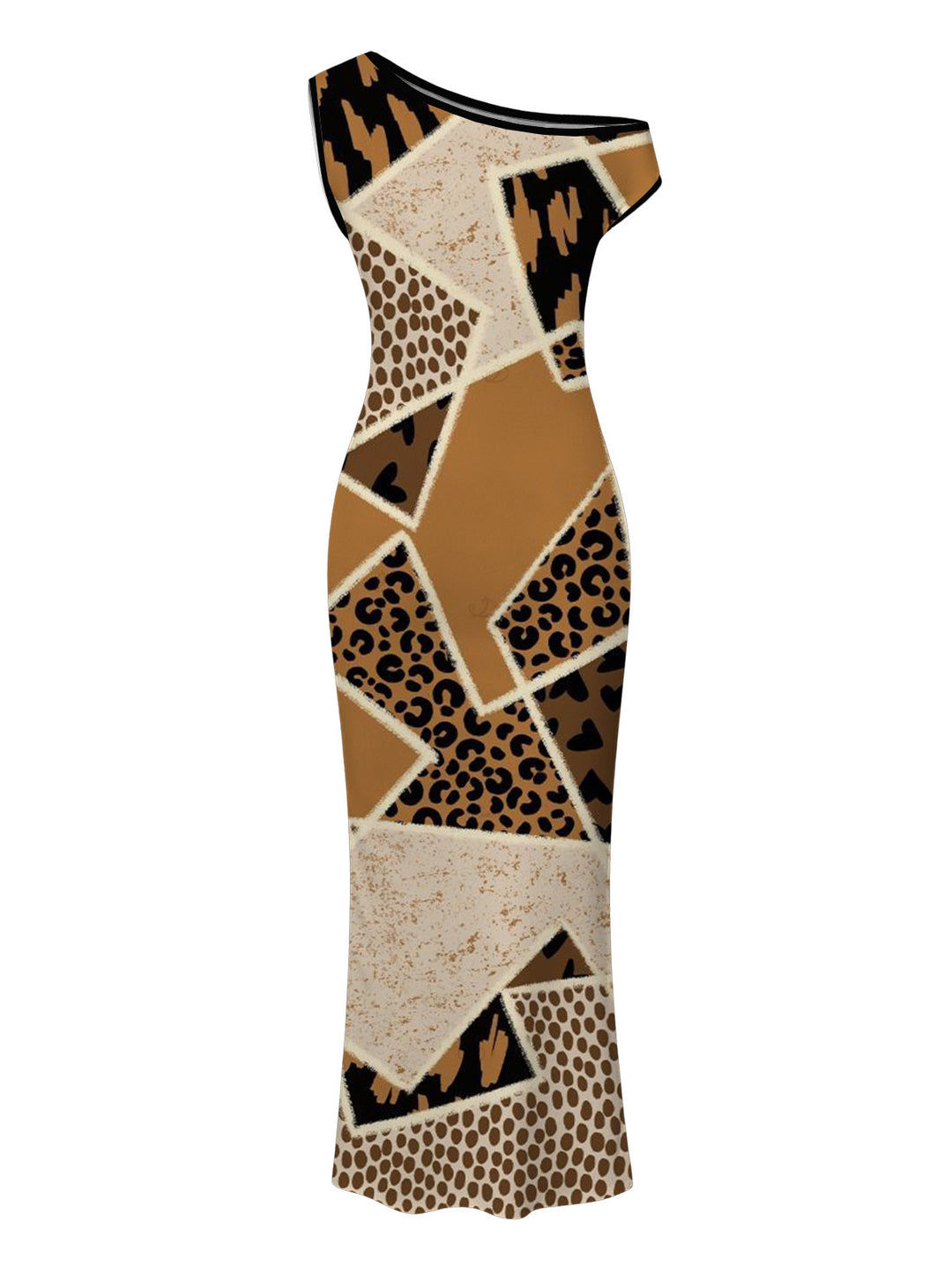 Patchwork Leopard Spot Collage Print Ruched One Shoulder Bodycon Maxi Vintage Dress