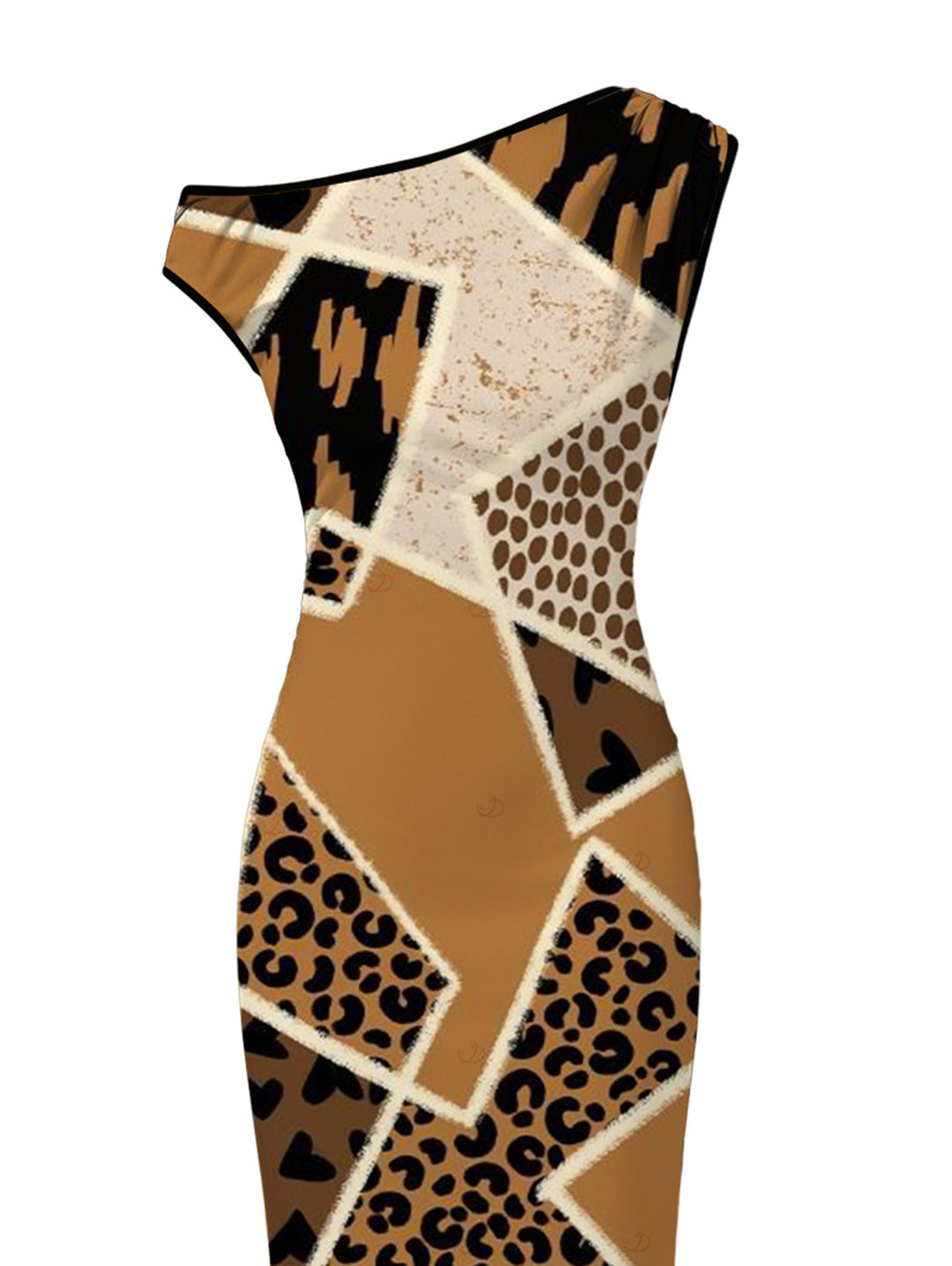 Patchwork Leopard Spot Collage Print Ruched One Shoulder Bodycon Maxi Vintage Dress