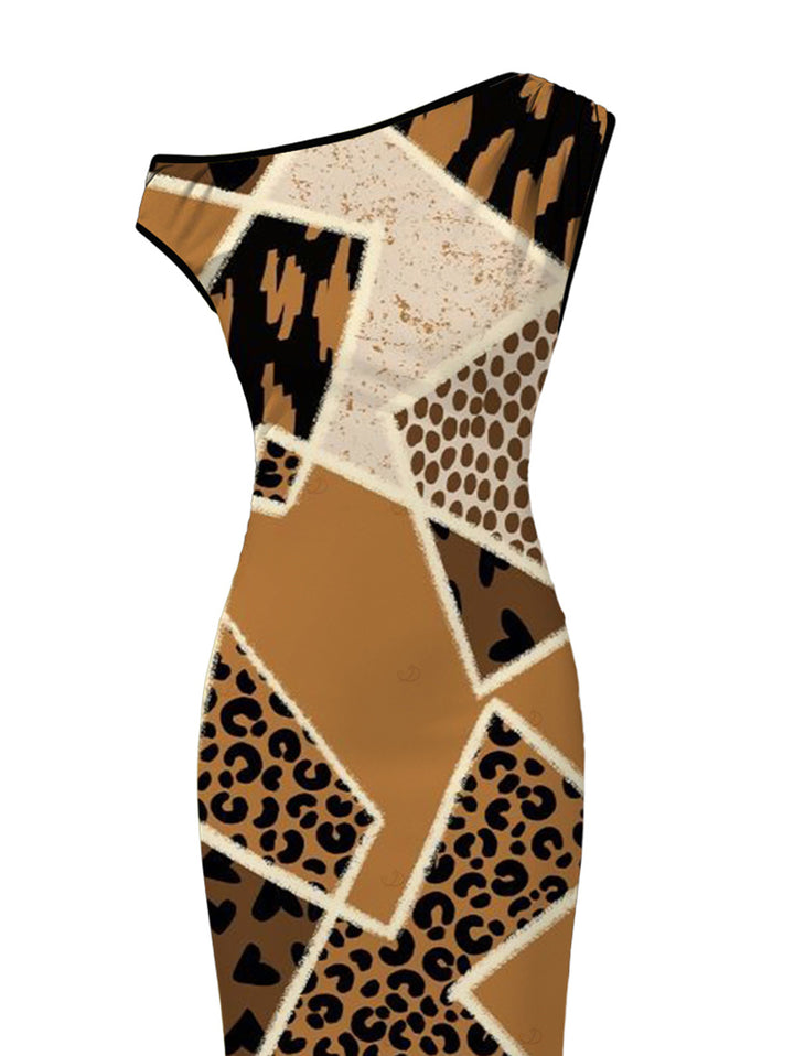 Patchwork Leopard Spot Collage Print Ruched One Shoulder Bodycon Maxi Vintage Dress