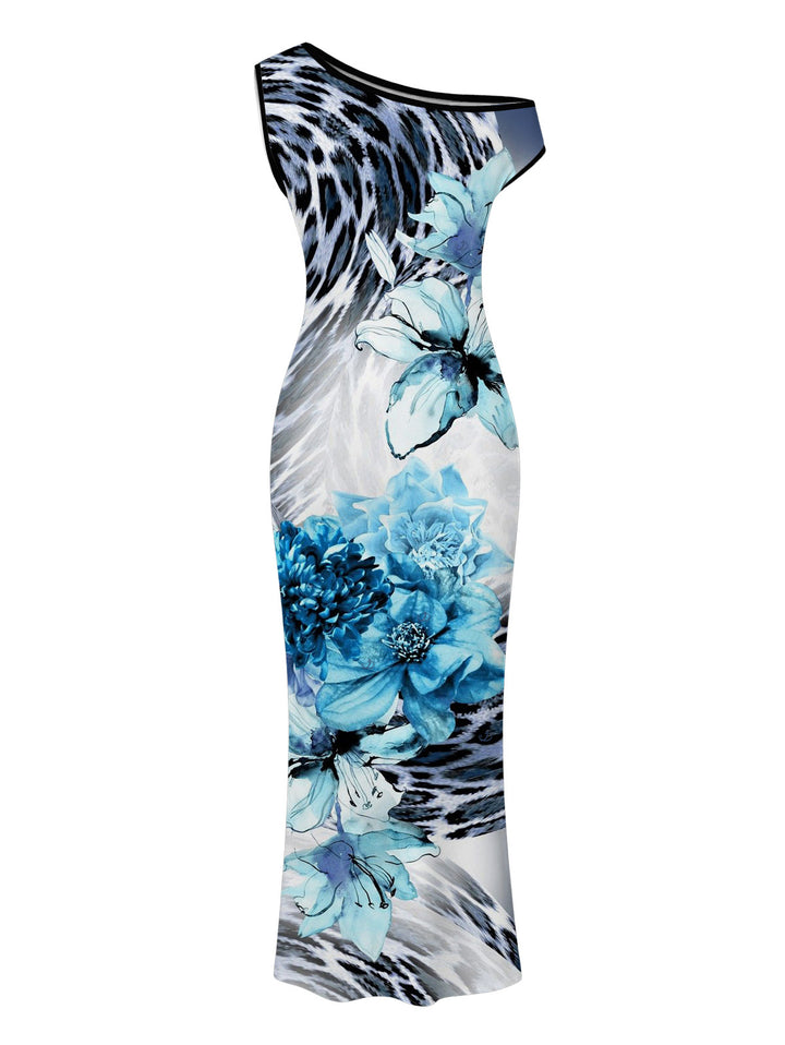 Floral Tie Dye Leopard Print Ruched One Shoulder Bodycon Maxi Vintage Vacation Dress