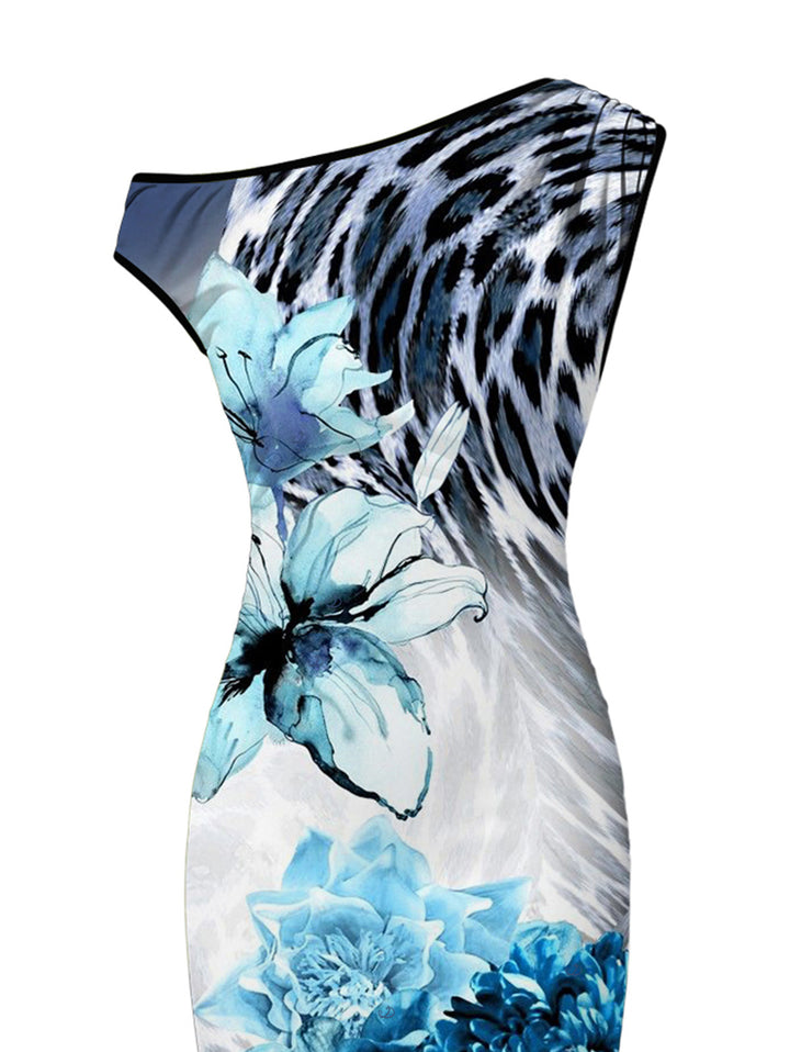 Floral Tie Dye Leopard Print Ruched One Shoulder Bodycon Maxi Vintage Vacation Dress