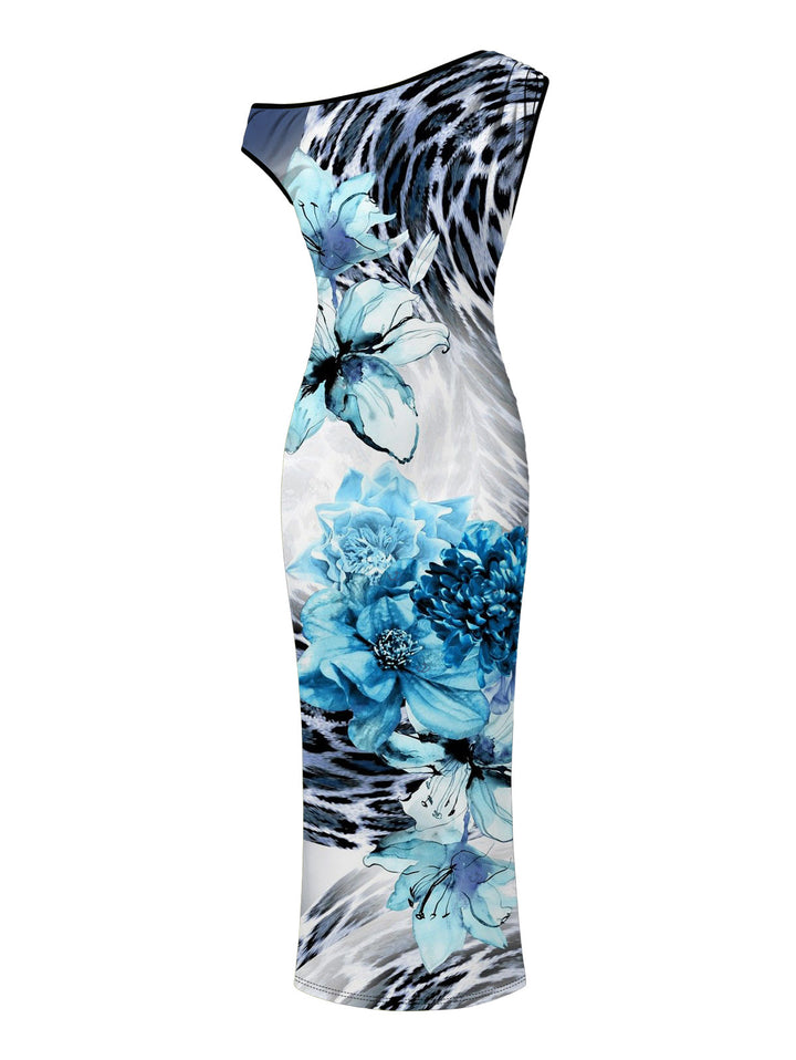 Floral Tie Dye Leopard Print Ruched One Shoulder Bodycon Maxi Vintage Vacation Dress
