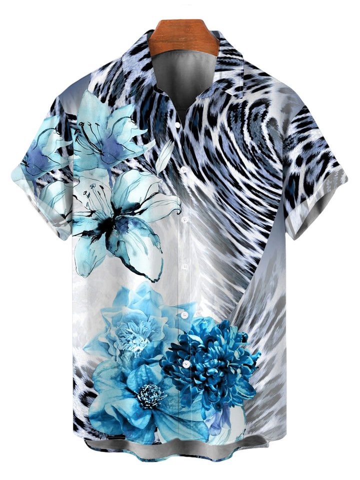 Men's Floral Tie Dye Leopard Print Button Up Vintage Vacation Shirt