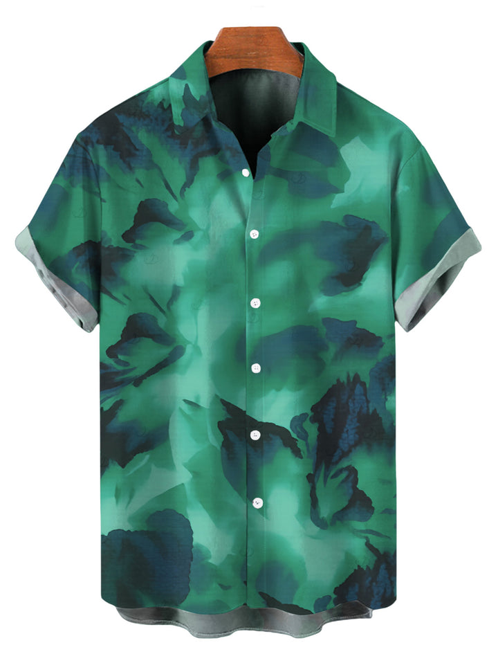 Men's Ink Wash Floral Print Button Up Vacation Shirt