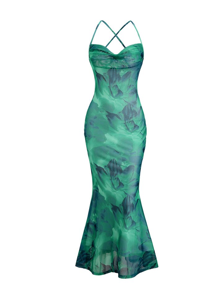 Ink Wash Floral Print Mesh Cowl Neck Mermaid Slip Vacation Dress