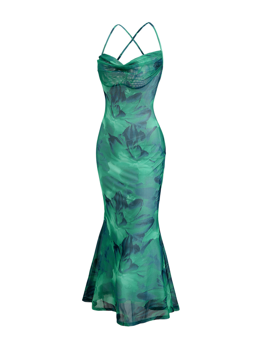 Ink Wash Floral Print Mesh Cowl Neck Mermaid Slip Vacation Dress
