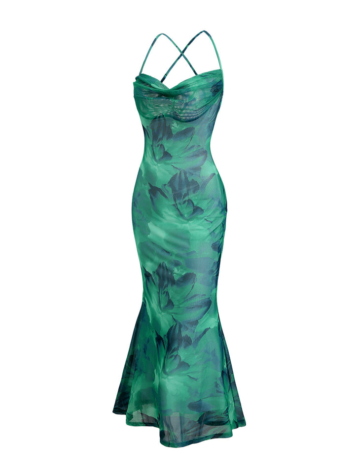 Ink Wash Floral Print Mesh Cowl Neck Mermaid Slip Vacation Dress