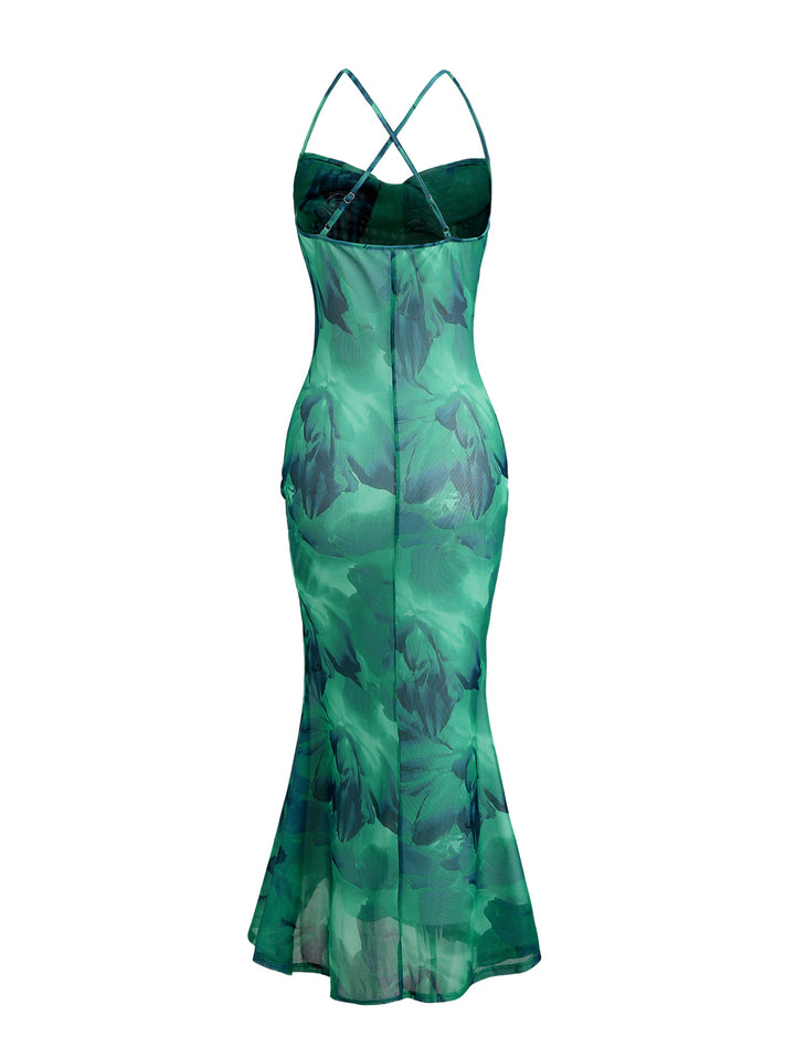 Ink Wash Floral Print Mesh Cowl Neck Mermaid Slip Vacation Dress