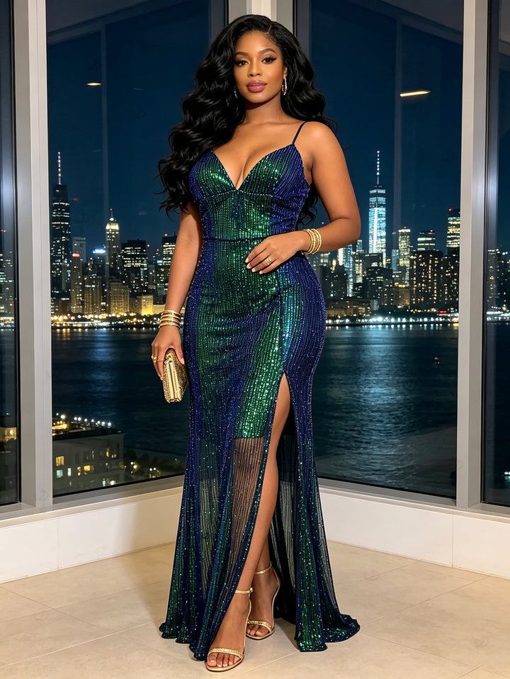 Ombre Sequined Ruched See Thru Open Back Plunging Neck Maxi Party Dress