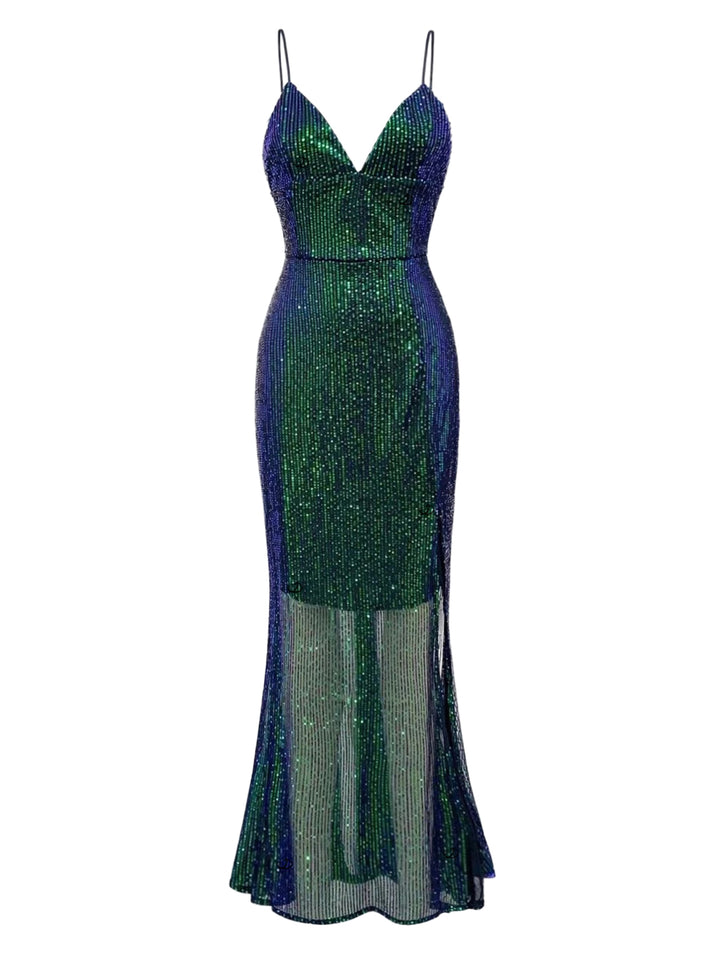 Ombre Sequined Ruched See Thru Open Back Plunging Neck Maxi Party Dress