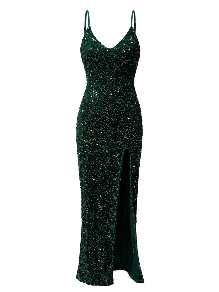 Sequined Solid Color High Slit Maxi Party Spaghetti Strap Dress