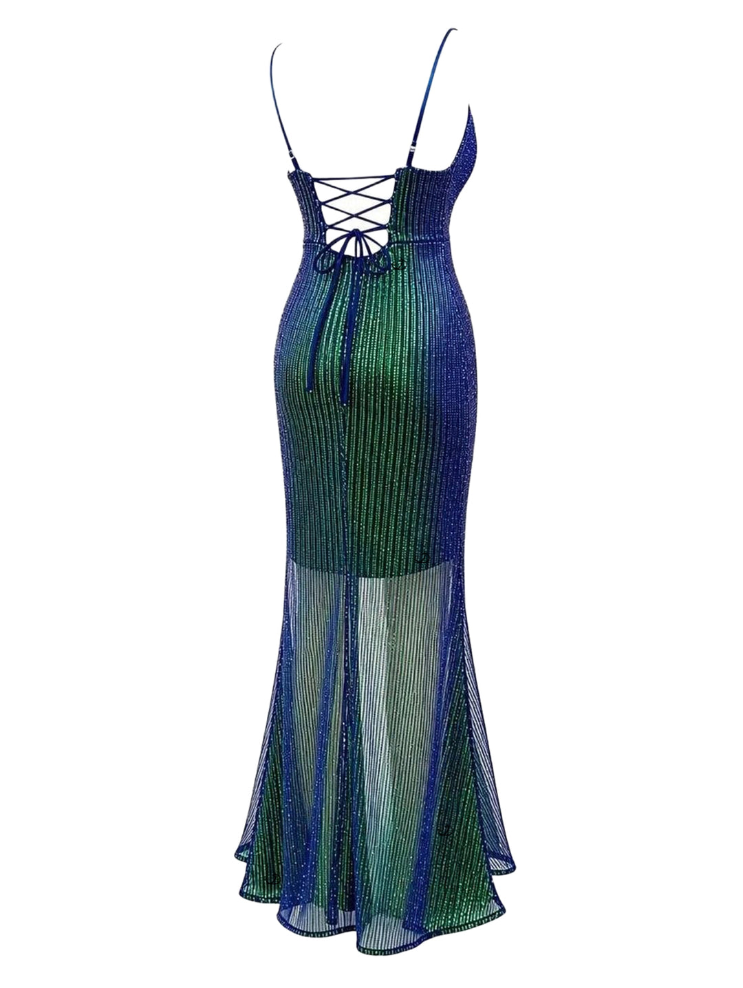 Ombre Sequined Ruched See Thru Open Back Plunging Neck Maxi Party Dress