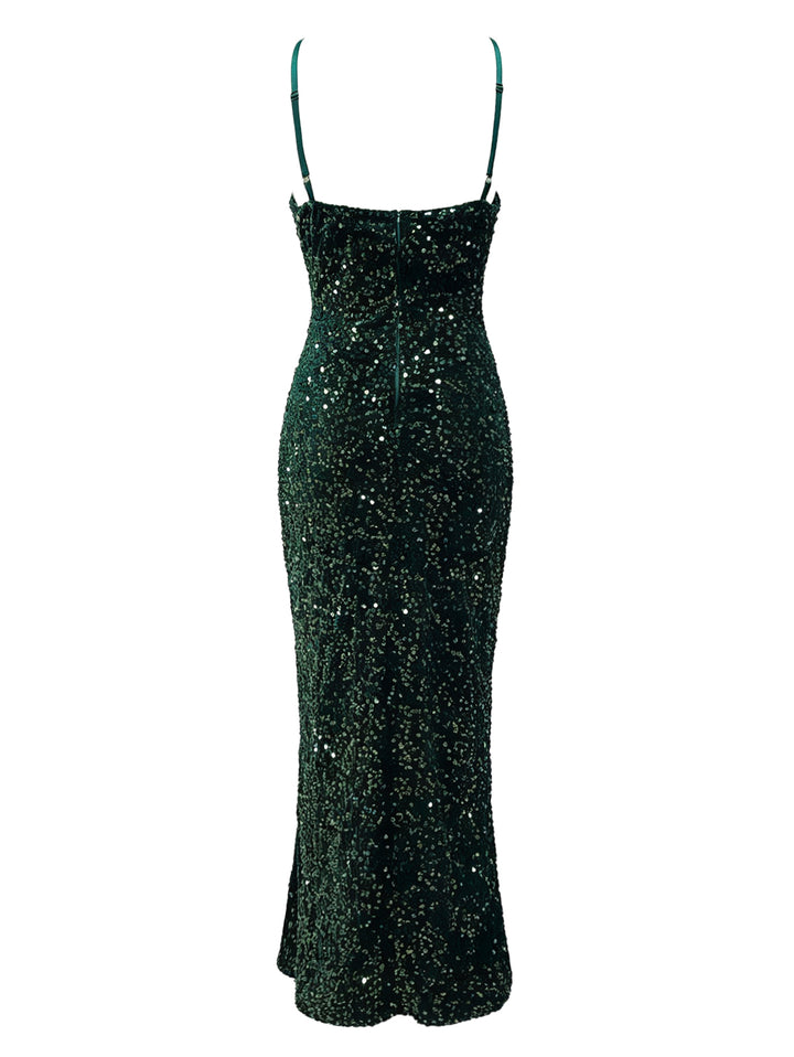 Sequined Solid Color High Slit Maxi Party Spaghetti Strap Dress