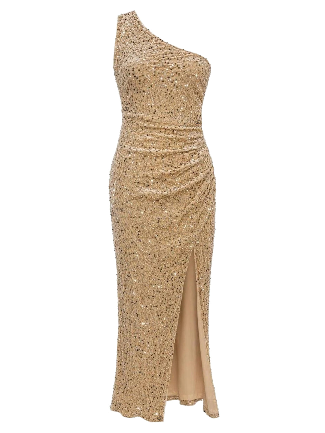 Solid Color Sequined Ruched One Shoulder Slit Maxi Party Dress