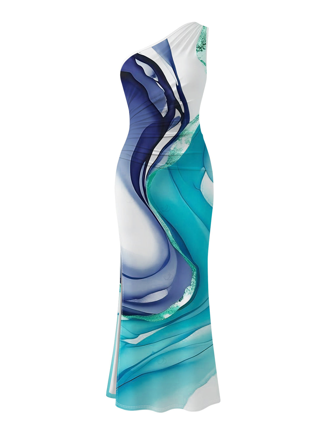 Ink Wash Fluid Marble Gradient Ripple Print Ruched One Shoulder Mermaid Bodycon Slit Vacation Dress