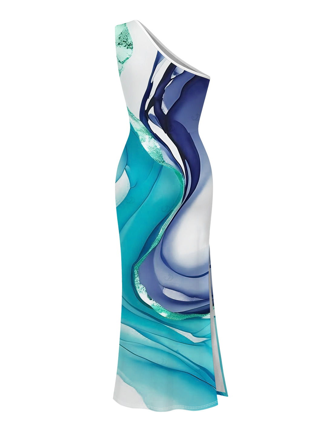 Ink Wash Fluid Marble Gradient Ripple Print Ruched One Shoulder Mermaid Bodycon Slit Vacation Dress