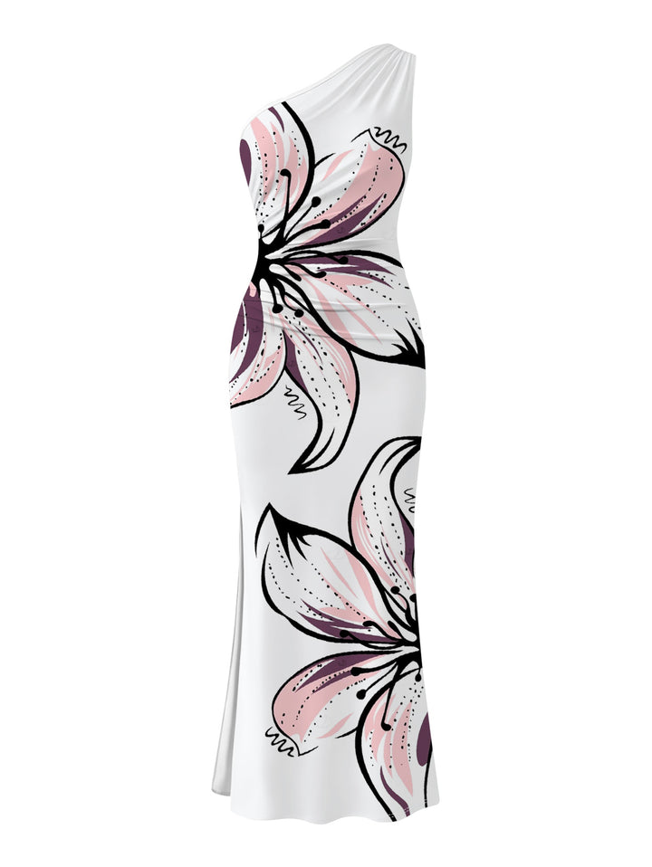 Hand-drawn Lily Floral Print Ruched One Shoulder Slit Mermaid Bodycon Vacation Dress