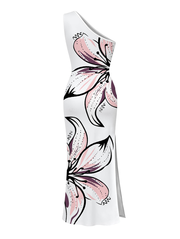 Hand-drawn Lily Floral Print Ruched One Shoulder Slit Mermaid Bodycon Vacation Dress