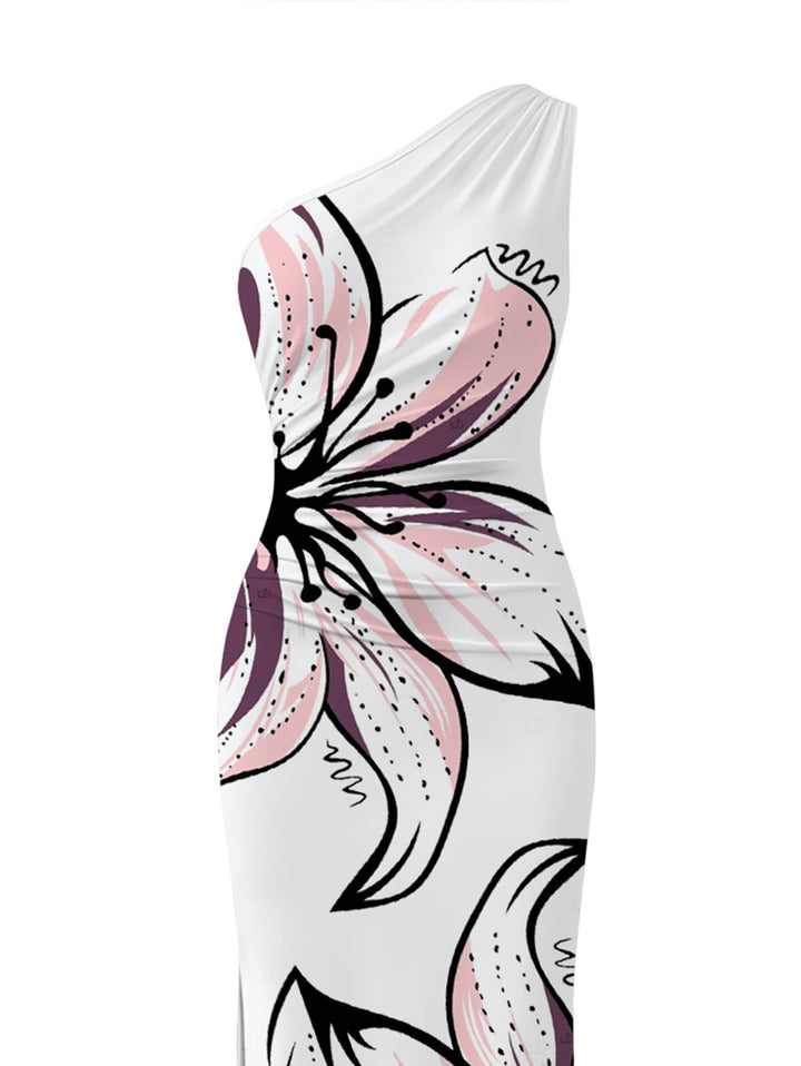 Hand-drawn Lily Floral Print Ruched One Shoulder Slit Mermaid Bodycon Vacation Dress