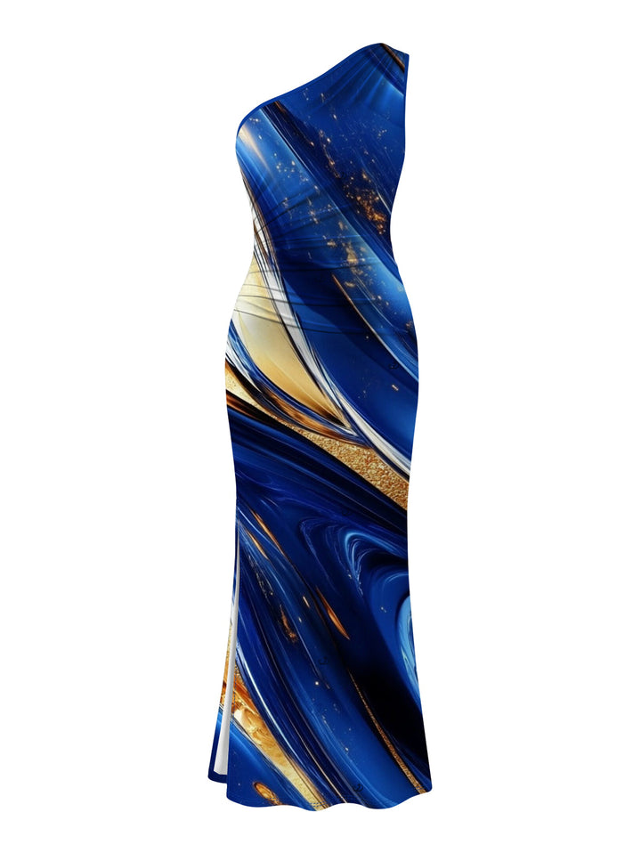 Gold Foil Fluid Marble Ripple Print Ruched One Shoulder Mermaid Bodycon Slit Party Dress