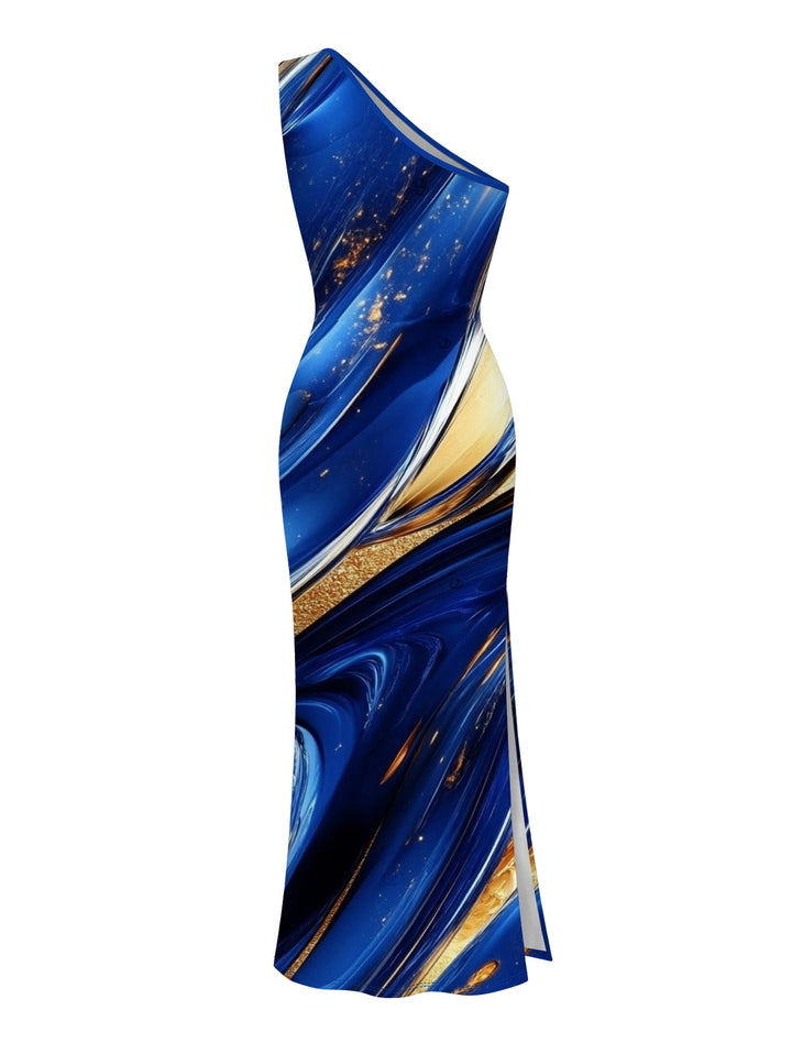 Gold Foil Fluid Marble Ripple Print Ruched One Shoulder Mermaid Bodycon Slit Party Dress