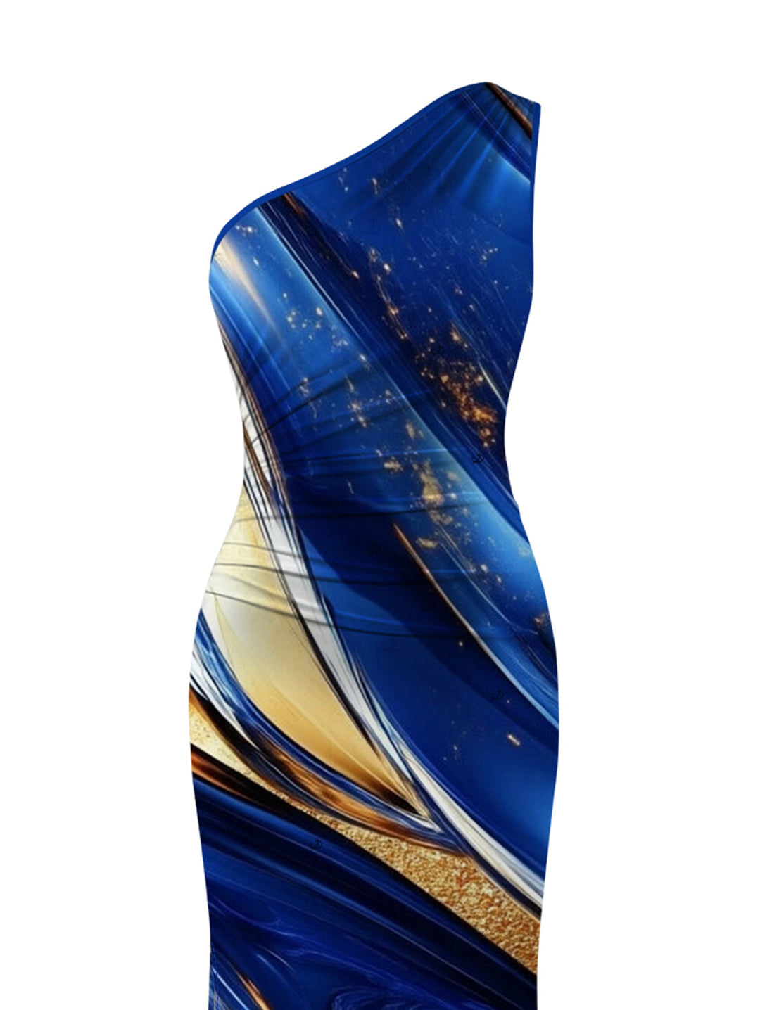 Gold Foil Fluid Marble Ripple Print Ruched One Shoulder Mermaid Bodycon Slit Party Dress