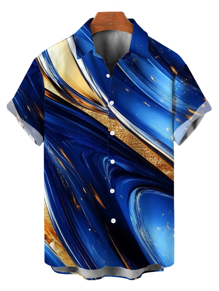 Men's Gold Foil Fluid Marble Ripple Print Button Up Vacation Shirt