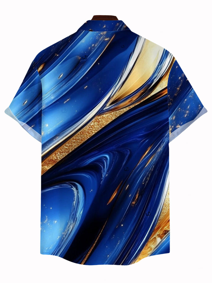 Men's Gold Foil Fluid Marble Ripple Print Button Up Vacation Shirt