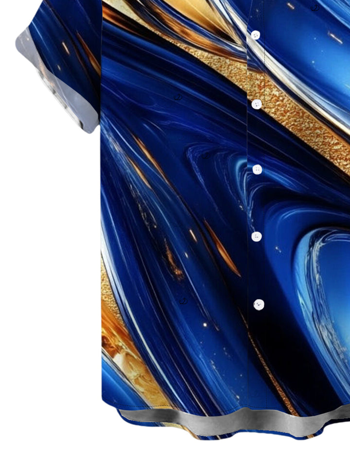 Men's Gold Foil Fluid Marble Ripple Print Button Up Vacation Shirt
