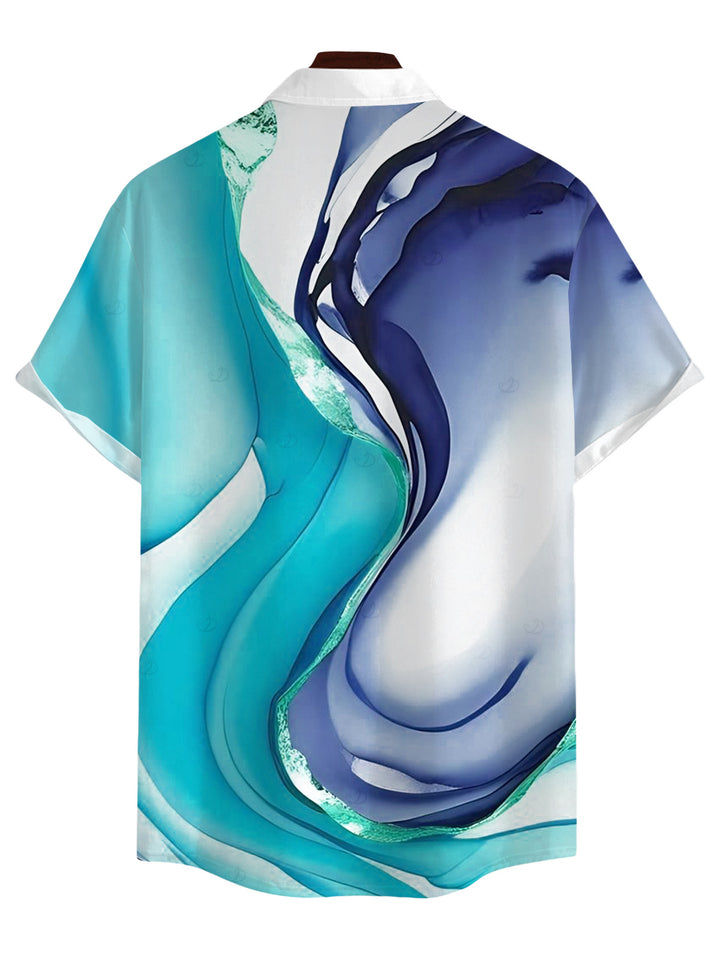 Men's Ink Wash Fluid Marble Gradient Ripple Print Button Up Vacation Shirt