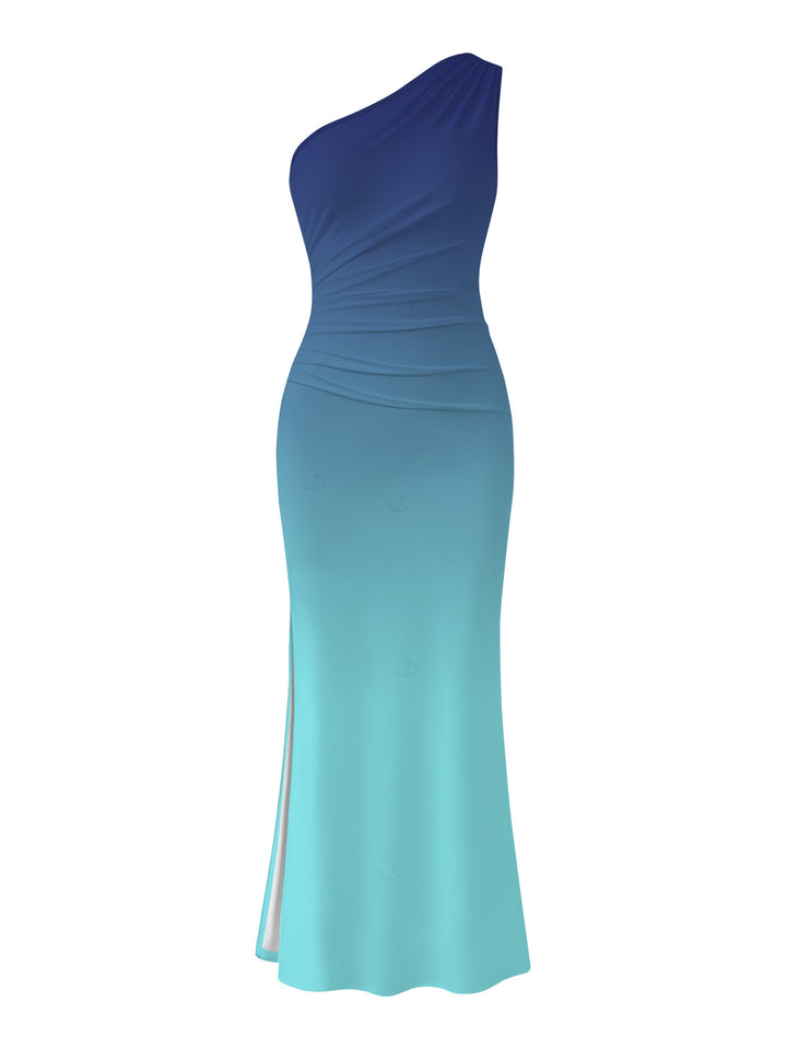 Ombre Ruched One Shoulder Slit Mermaid Bodycon Party Dress