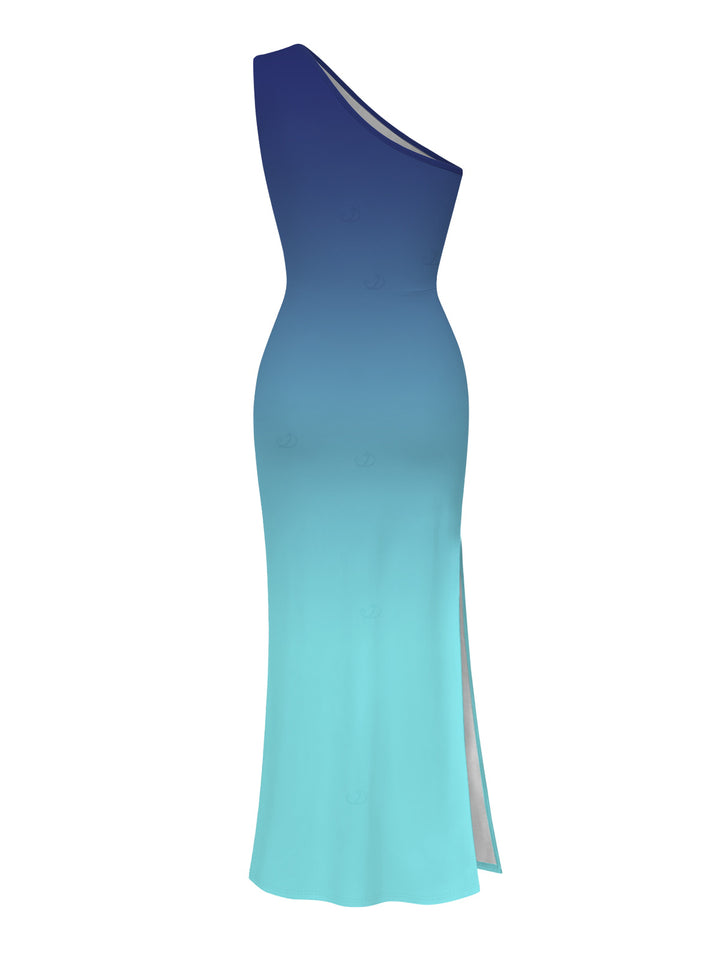 Ombre Ruched One Shoulder Slit Mermaid Bodycon Party Dress