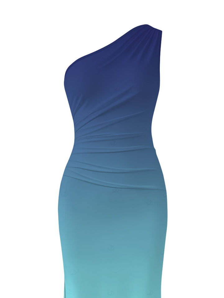Ombre Ruched One Shoulder Slit Mermaid Bodycon Party Dress