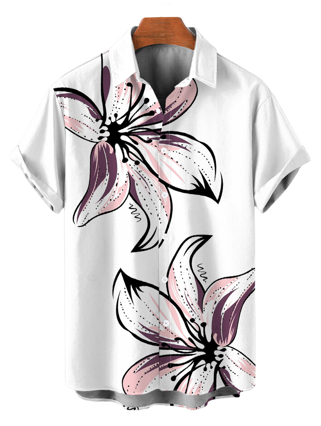Men's Hand-drawn Lily Floral Print Button Up Vacation Shirt