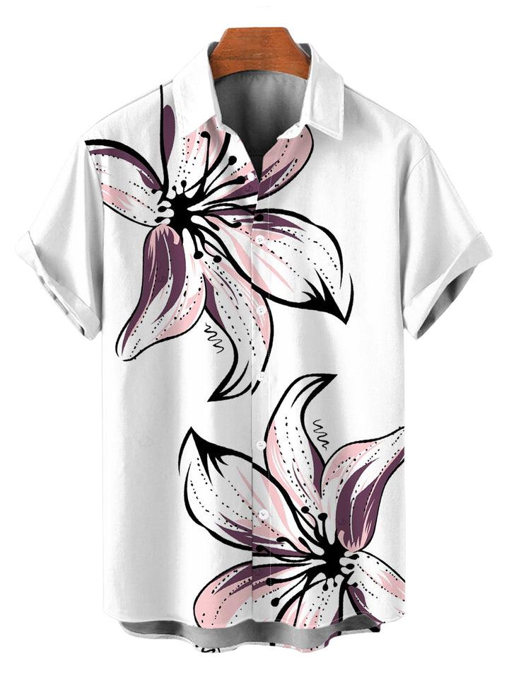 Men's Hand-drawn Lily Floral Print Button Up Vacation Shirt