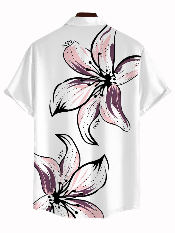 Men's Hand-drawn Lily Floral Print Button Up Vacation Shirt